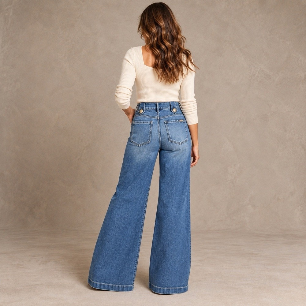 White House Black Market Jeans 8 Blue High Rise Wide Leg Sailor Mariner 70s - Picture 3 of 12